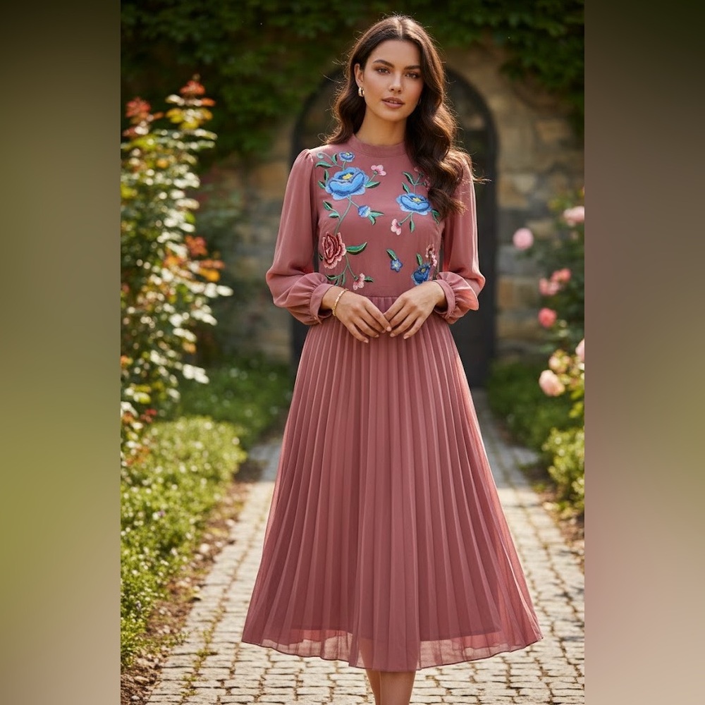 ASOS design Elegant Floral Embroidered Dress in Mauve Size 8